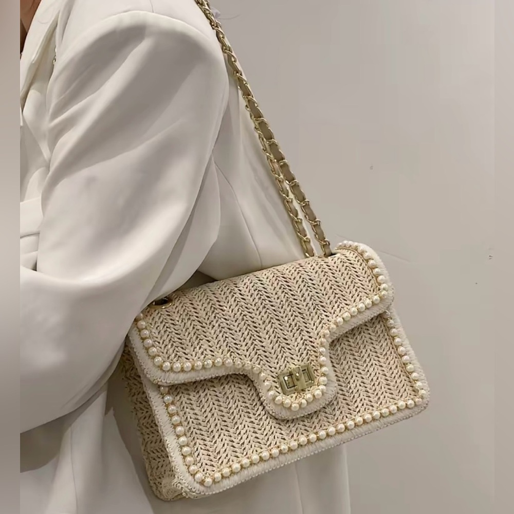 Women’s Faux Pearl Cream Woven Shoulder Bag NEW